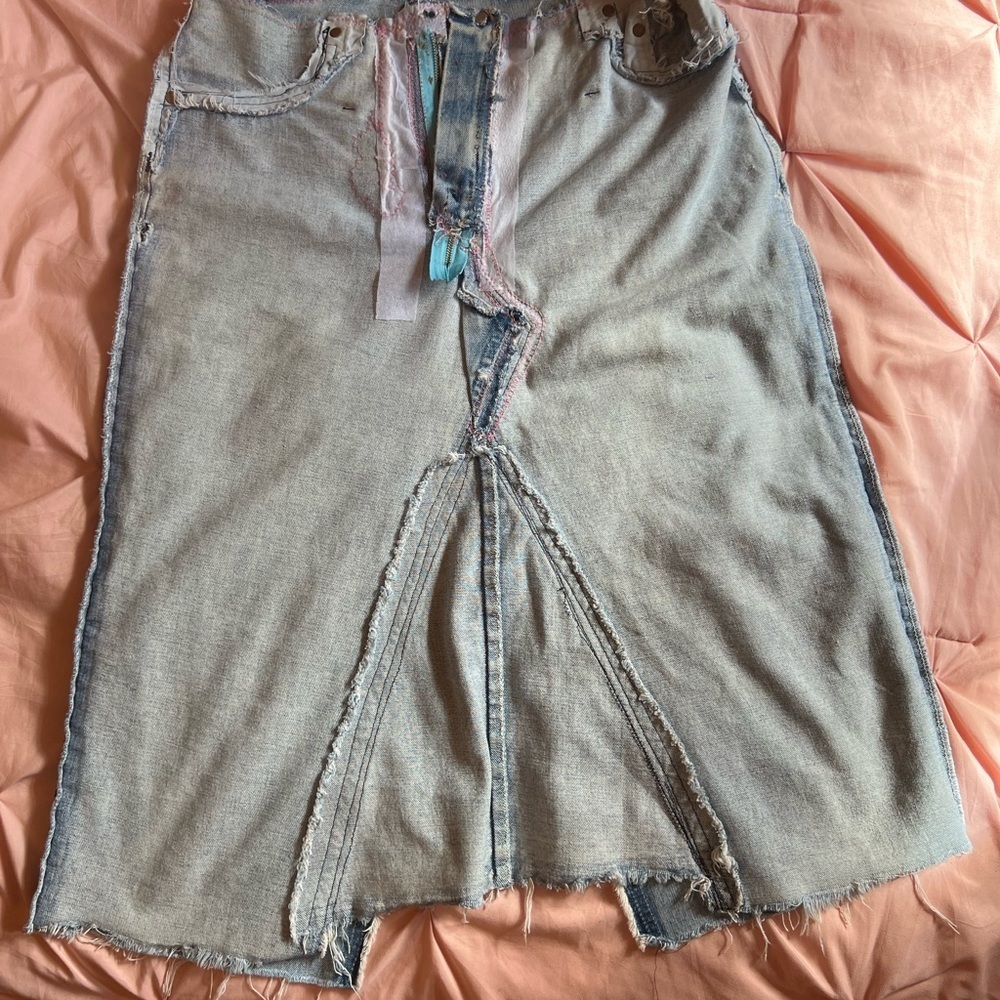 Handmade A-Line Denim Skirt with Cherry Blossom patches and Zipper Closure. - Picture 10 of 14